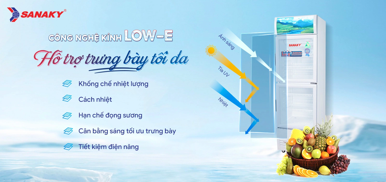 Công nghệ kính Low-E hỗ trợ trưng bày tối đa Tủ mát Sanaky 200 Lít VH-258WL Công nghệ kính Low-E hỗ trợ trưng bày tối đa