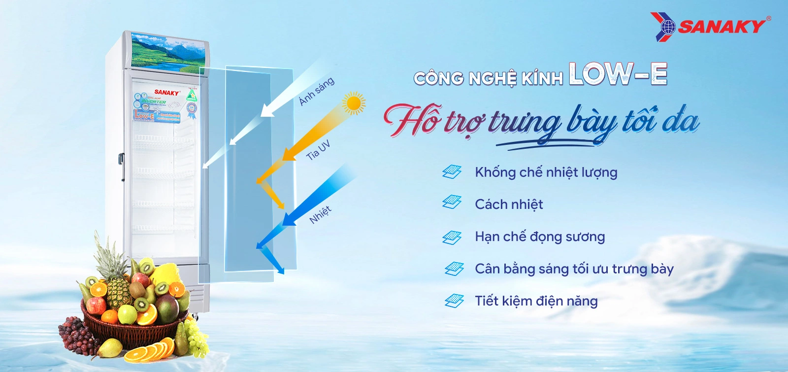 Tủ mát Sanaky Inverter 170 Lít VH-218K3L Công nghệ kính Low-E hỗ trợ trưng bày tối đa