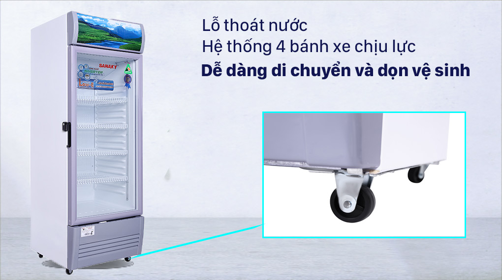 Tủ mát Sanaky Inverter 290 Lít VH-358K3L Tủ Mát Sanaky Inverter 290 lít TM.VH358K3L - Lỗ thoát nước, bánh xe di chuyển