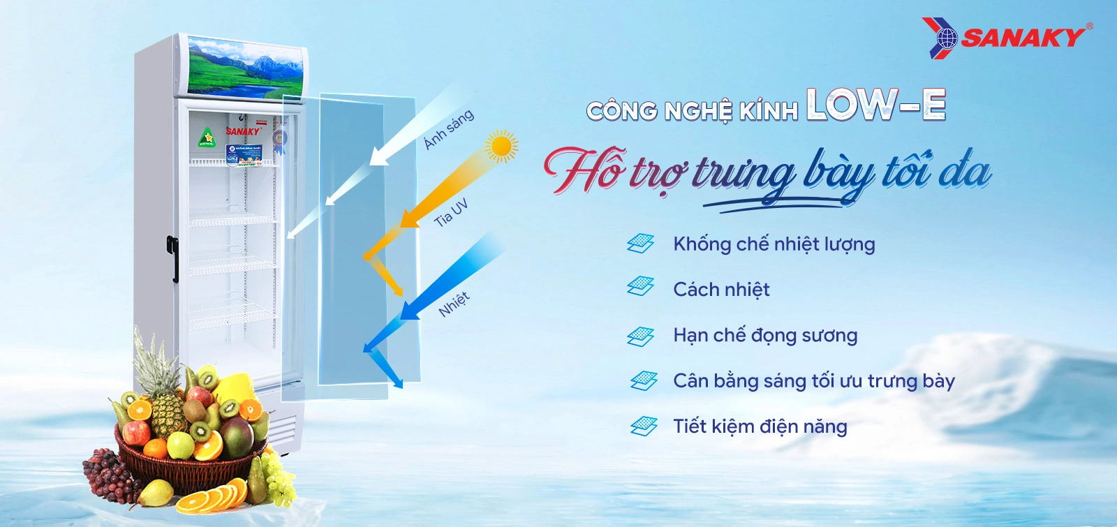 Công nghệ kính Low-E hỗ trợ trưng bày tối đa Tủ mát Sanaky Inverter 300 Lít VH-3588K3 Công nghệ kính Low-E hỗ trợ trưng bày tối đa
