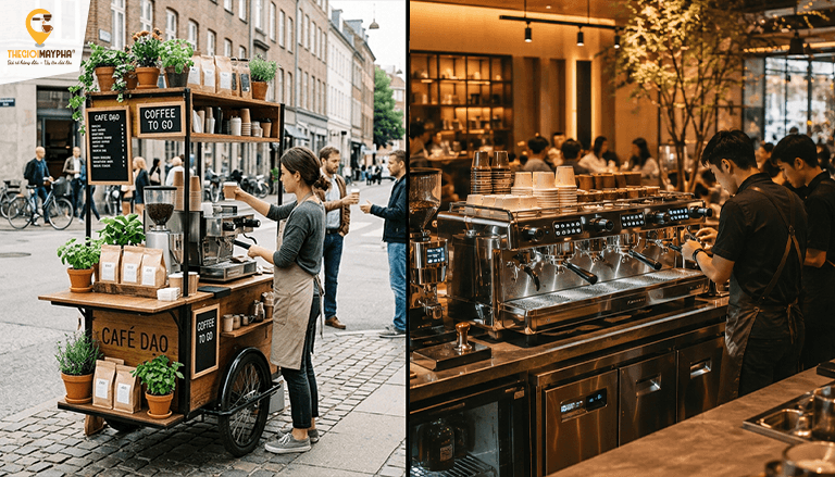 Từ xe cafe mang đi đến quán lớn: Chọn máy pha cà phê thế nào?